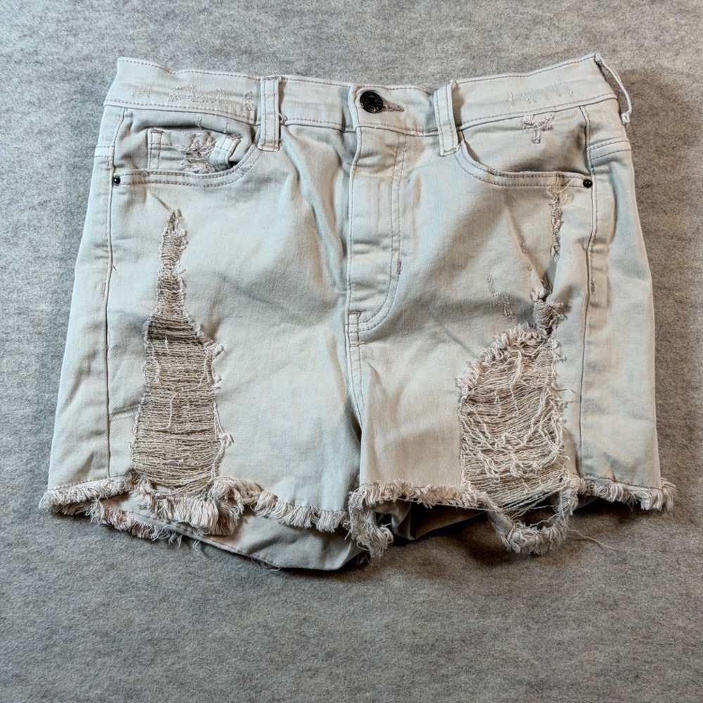 Sneak Peek Womens High Rise Distressed Denim Shorts Tan Khaki Size M Frayed Hem